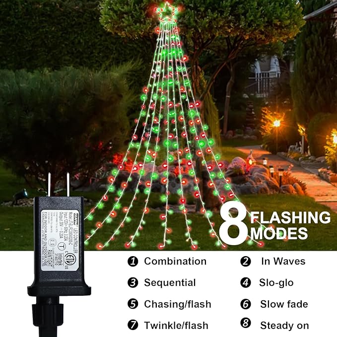 Outdoor Christmas Lights Christmas Decoration Lights 320 LED Christmas Tree Toppers String Lights[8 Modes &amp Waterproof] for Halloween Xmas New Year Holiday(Iron Star-Red &amp Green)