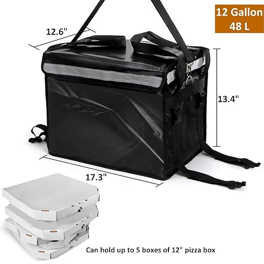 DEAYOU Insulated Food Delivery Bag for Bike Pizza Delivery Bag with Divider and Rear Rack Waterproof Thermal Catering Bag for Scooter Motorcycle 17.3x12.6x13.4 48L Fit 12'' Pizza Box Foldable