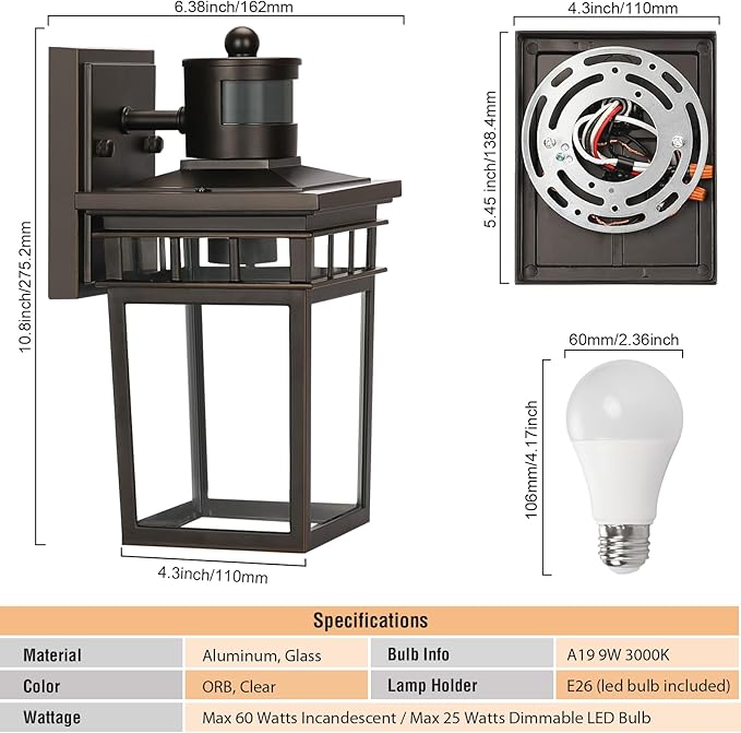 Motion Sensor Outdoor Wall Lantern with 4 Modes Dusk to Dawn Sensor Exterior Wall Light Outdoor Wall Sconce with Glass Shade Motion Activated Porch Light for Doorway Garage LED Bulb Included