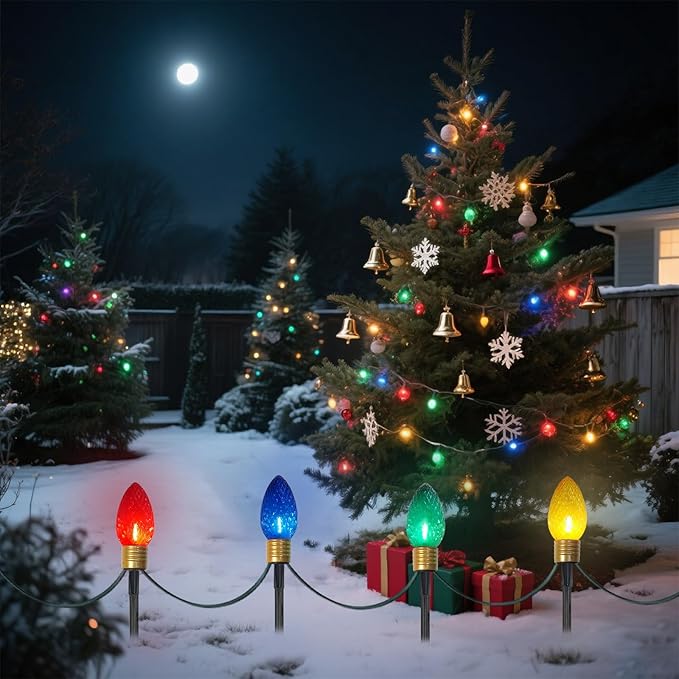 2 Pack Jumbo C9 Christmas Pathway Lights Outdoor Total 14FT 8-Light Multicolor Diamond Connectable Plug in for Walkway Fence Yard Garden