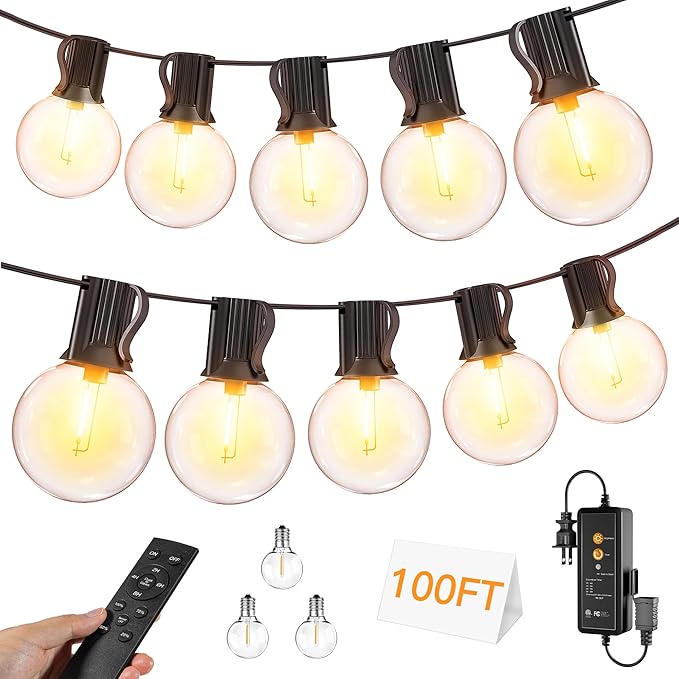 Outdoor String Lights with Remote Dimmer 50 + 3 Spare G40 LED Bulbs Plug in Connectable Patio Lights Waterproof Hanging Lights for Backyard Camping Balcony Yard Deck Party(100FT)