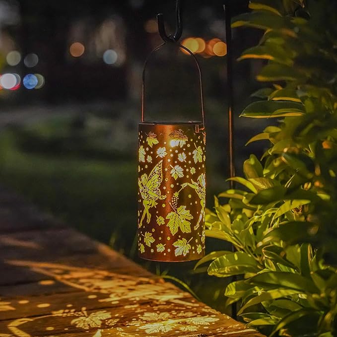 Fairy Solar Lanterns Outdoor Hanging Maple Leaf Decor LanternWaterproof Hollow Out Metal Decorative Garden LightGraceful Decoration for PatioLandscapeWalkwayFestival