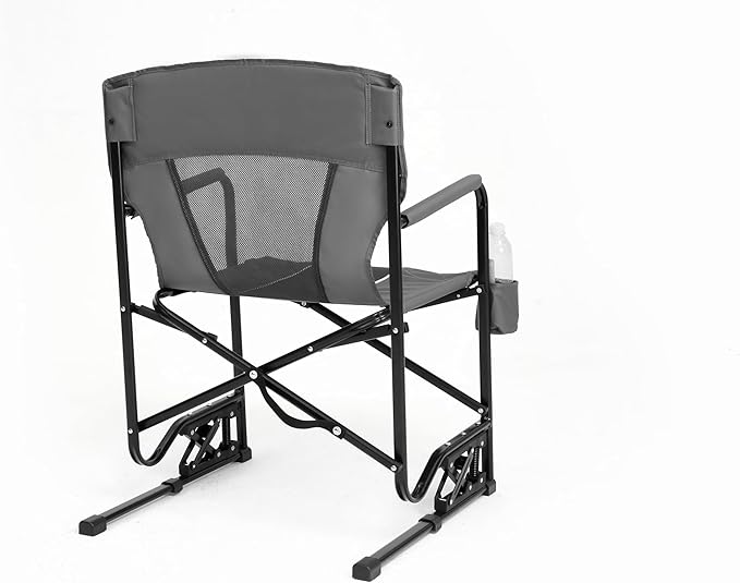 Outdoor Freestyle Rocker Camping Chair Portable Folding Rocking Chair with Solid Armrests Drink Holder Comfortable Backrest Grey