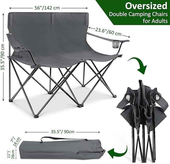 Leonyo Oversized 2 Person Camping Chair Double Camping Loveseat Chair for Adults Foldable &amp Comfortable Double Seat for Lawn Backyard Beach Sports Movie Grey