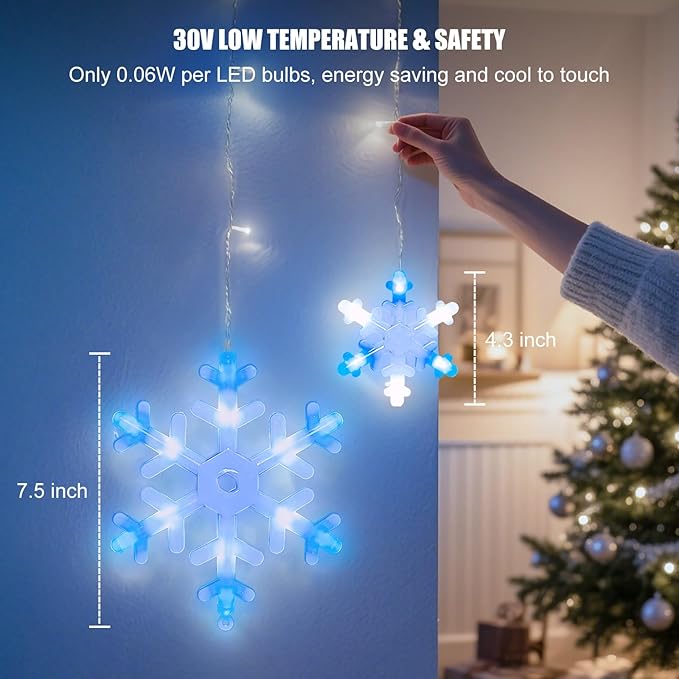 13 Ft 192 LED Snowflake Christmas Icicle Lights with 16 Drops 8 Modes and Timer IP65 Waterproof Connectable for Indoor Outdoor House Window Blue and White