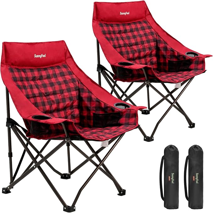 SUNNYFEEL 2 Pack Heavy Duty Camping Chairs for Adults Portable Oversized Folding Chair with Side Pockets &amp Cup Holde for FishingTripPicnicLawnConcert Outdoor Carry Bag Included