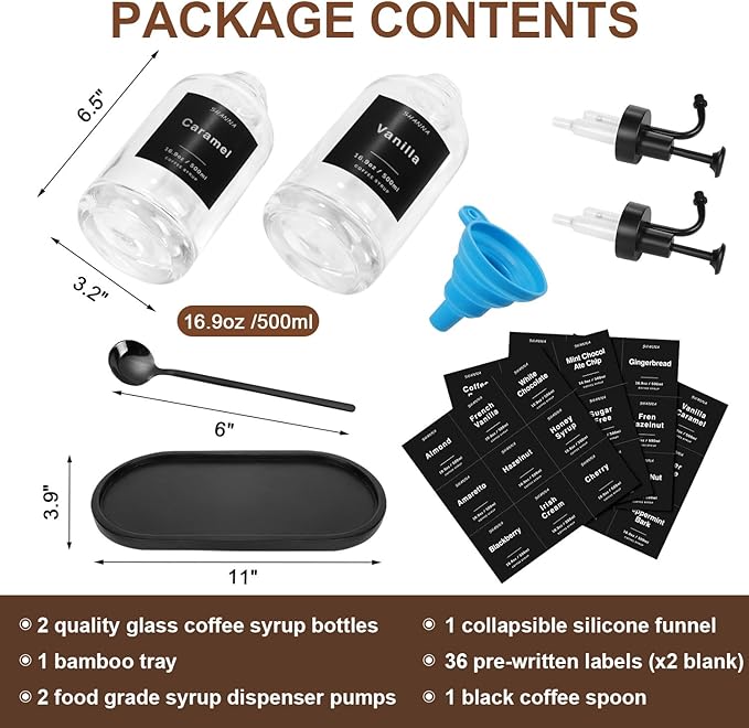 Glass Coffee Dispenser - 16.9oz Black Scoop 36 Labels Bamboo Tray &amp Pump 2-Pack