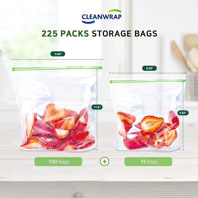 CLEANWRAP Clean Zipper Bag (Mix 225) - Food Storage Plastic Bags for Food Food Slider Bag Zip Lock I Medium Zip Bags for Storage