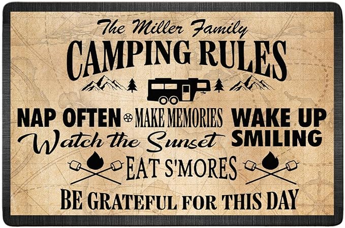 Personalized Camping Rules Welcome Doormat - Custom Family Name and RV Door Mat Accessories for Inside Outside Funny Campsite Decorations Travel Trailers Style 02 16 x 24 inches
