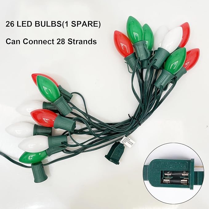SUNSGNE C9 LED Outdoor Vintage Christmas Lights 25FT Christmas Tree Lights with 26 0.6W LED Red Green White Bulbs(1 Spare) for Patio Garden Holiday Home Décor Green Wire