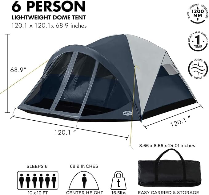Pacific Pass 6 Person Dome Tent w/ Removable Rain Fly and Screen Room Water Resistant - Navy/Gray