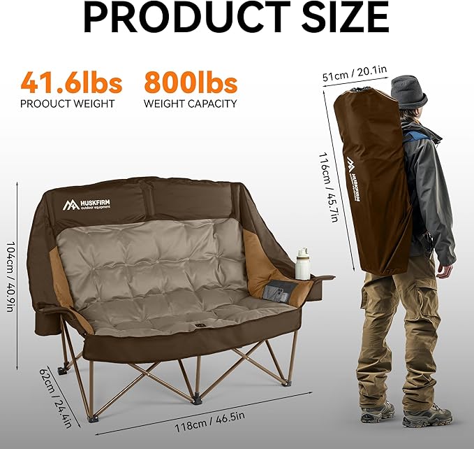 High Back Double Camping Chair 2 Person Camping Chair Low Seat Loveseat Camping Chair Fully Padded Oversized Camping Couch for Adults - Supports 650 LBS with Cup Holders Carry Bag - Brown