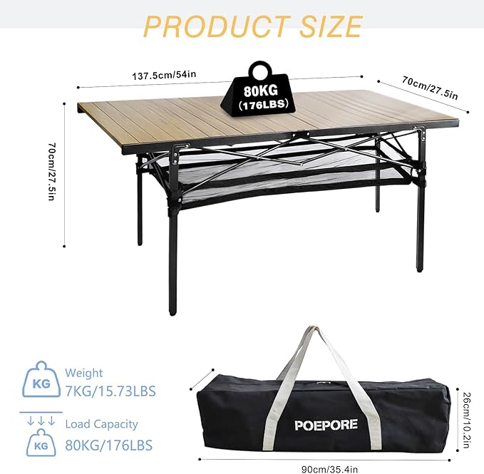 Large Folding Camping Table Aluminum with Storage for 4-6 People 55X27.5 Roll Up Tall Outdoor Portable Table Lightweight with Carry Bag for Picnic BBQ Backyard Beach