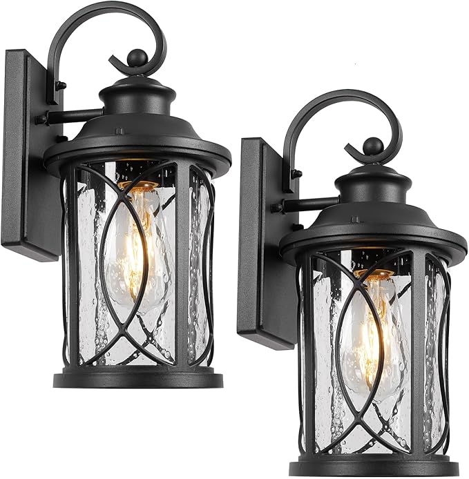 Treekee Outdoor Light Fixture Wall Mount Modern Exterior Wall Sconce with Seeded Glass &amp E26 Sockets for Front Porch Farmhouse Rustic Black Wall Lantern Lamp for Patio Garage Home Yard