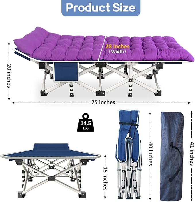 Heavy Duty Camping Cot with Comfortable Mattress &amp Carry Bag - Folding Sleeping Bed for Adults Easy to Set Up - Ideal for Outdoor Indoor Home Office Nap and Vacation.