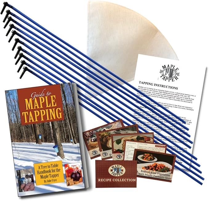 MAPLE TAPPER Maple Syrup Tree Tapping Kit – (10) Spiles + (10) 3' Tubes + (1) 1 QT Maple Sap Filter + 80 Page Book “Guide to Maple Tapping &amp Recipe Cards -BPA FREE- Made in North America