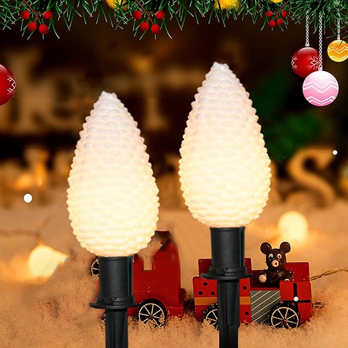 Abeja C9 Christmas Pathway String Lights 14Ft LED Pinecone Pathway Stakes with 8 Pine Cone Lights Christmas Lights Outdoor Yard Decorations for Walkway &amp Driveway Use-2 Sets