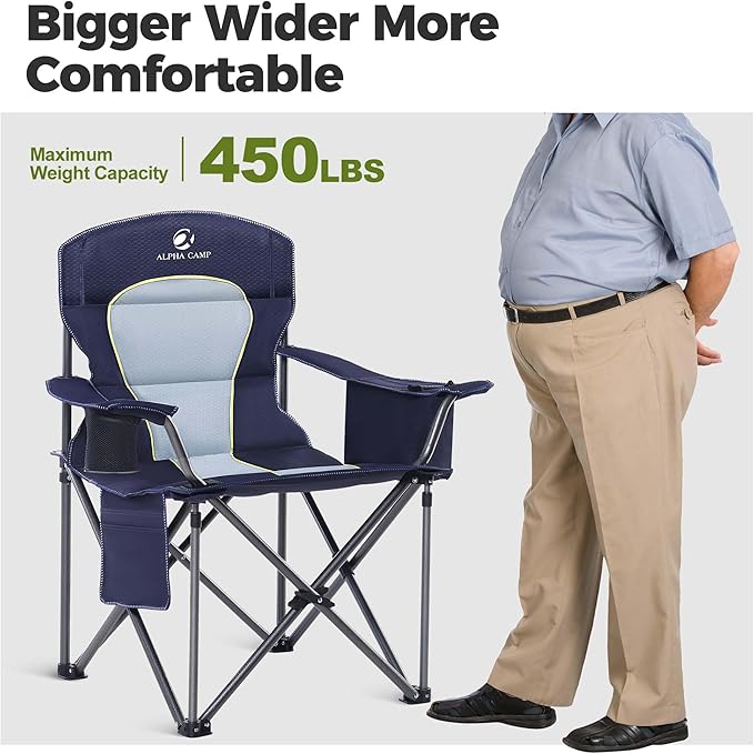 ALPHA CAMP Heavy Duty Camping Chair 500LBS Capacity Oversized Folding Chair for Heavy People Padded Portable Outdoor Chair with Cooler Bag &amp Cup Holder for Camping Fishing Beach