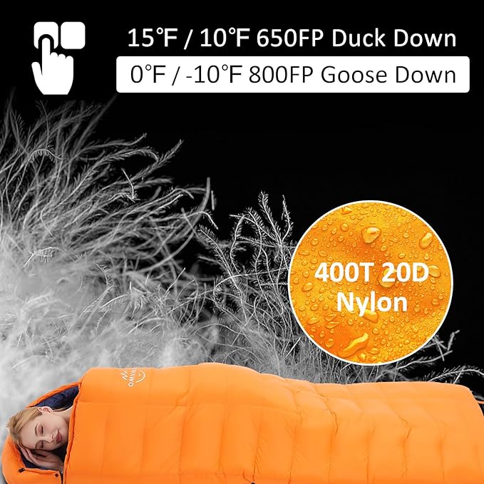 -10°F 0°F 10°F 15°F Down Sleeping Bag for Adults800/650 Fill PowerUltralight Wearable 4 Season Cold Weather Rectangle Sleeping Bag for Camping HikingCan be Used as a Down Blanket or Cloak
