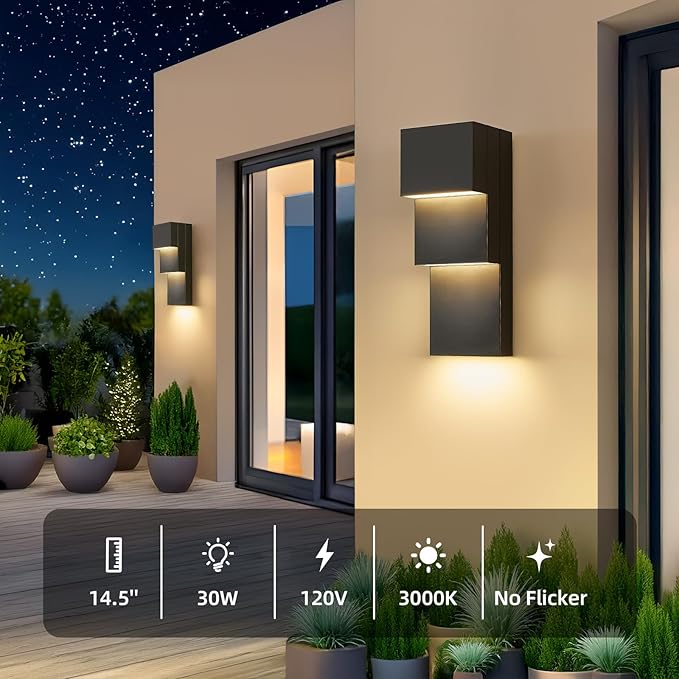 tewei Modern LED Outdoor Wall Sconce 30W Exterior Lighting Fixtures Black Outside Lights for House Integrated LED Outdoor Wall Mount Lights for Front Porch Garage Warm White 3000K 2 Pack