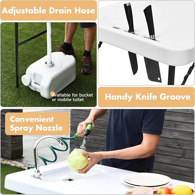 Goplus Folding Fish Cleaning Table with Sink and Spray Nozzle Heavy Duty Fillet Table with Hose Hook Up and Faucet Portable Outdoor Camping Sink Station for Dock Beach Patio Picnic