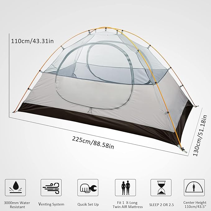 Bessport Camping Tent 1/2 Person Tent Waterproof Two Doors Backpacking Tent Easy Setup Lightweight for Outdoor Hiking Mountaineering Travel