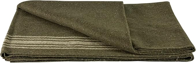 Fox Outdoor Products Wool Blanket - Warm Lightweight Wool Blend Blanket with Whip-Stitched Edges for Outdoor &amp Home Use Khaki-Striped Olive DRAB