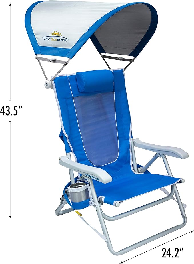 GCI Outdoor Sunshade Backpack Beach Chair | Reclining Folding Canopy Chair with Durable Armrests Drink Holder &amp Carry Straps Perfect for Beach Trips &amp Picnics — Saybrook Blue