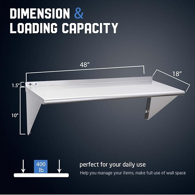 Profeeshaw NSF Stainless Steel Shelf 18” x 48” 400 lb Commercial Shelves Wall Mounted Metal Shelving with Backsplash and 2 Brackets for Restaurant Bar Utility Room Kitchen and Garage