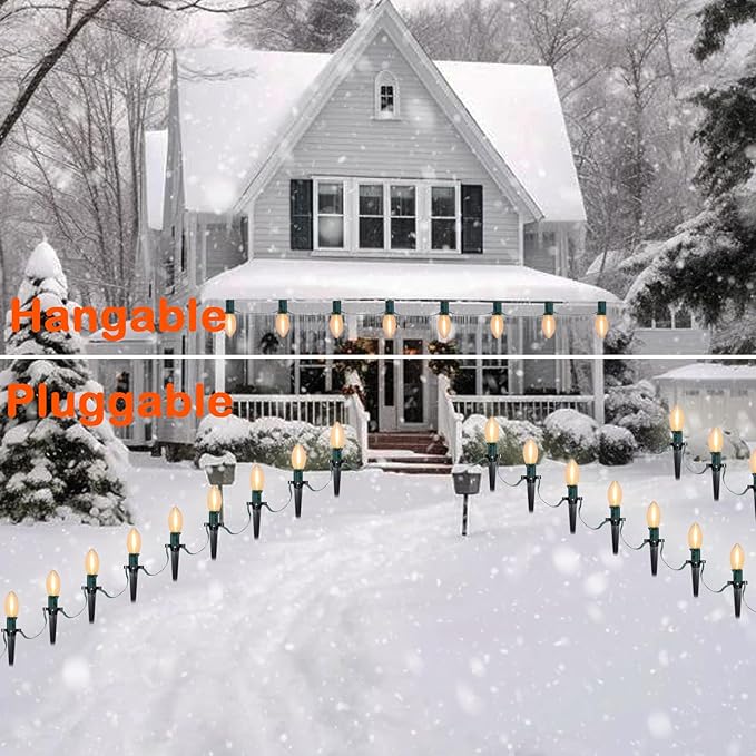 SUNSGNE C9 LED Christmas Pathway Lights Outdoor 38 Feet Sidewalk String Lights with Marker Stakes 25 LED Clear Connectable Christmas Walkway Markers Lights for Outside Porch Garden Yard Lawn Decor