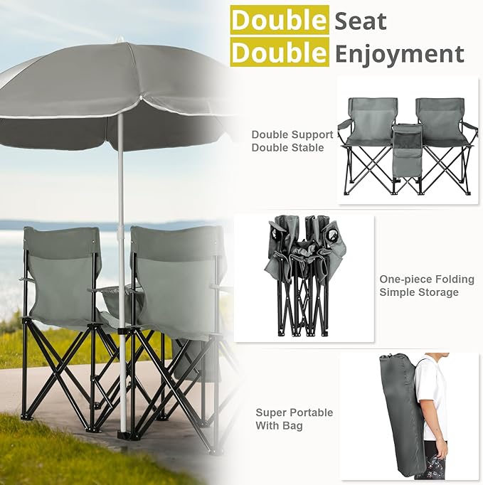 Portable 2-Seat Folding Chair with Removable Sun Umbrella Outdoor Lounge Chair for Fishing Camping Beach Grey