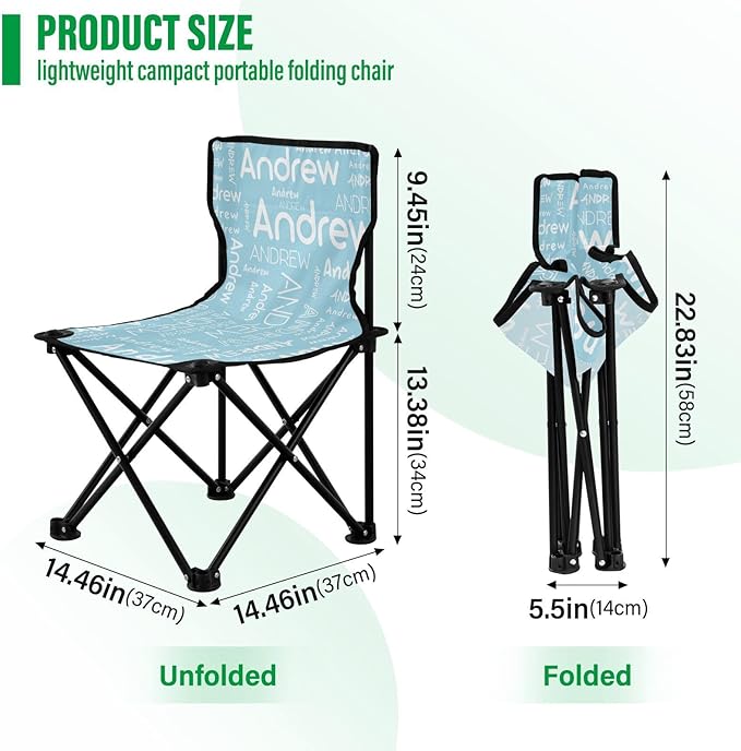Sinestour Pale Blue Custom Folding Camping Chair for Teen Child Personalized Name 14.6×14.6in Portable Outdoor Chair with Carry Bag for Picnic Barbeques Beach