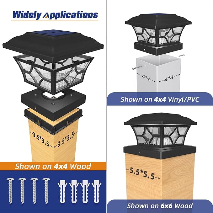 APONUO 4x4 Solar Post Cap Lights 16 Pack - 6x6 Post Cap Solar Light 2-Mode IP64 Waterproof Post Lights Solar Powered for 4x4 5x5 6x6 Wood/Vinyl Posts Black