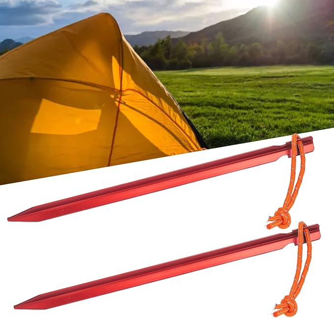 20pcs V Shape Heavy Duty Tent Stakes with Ropes Aluminum Alloy Tent Pegs for Camping Canopy 9 Inch Long Outdoor Tent Garden Stakes for Secure Ground Penetration in All Soil Types (Red)