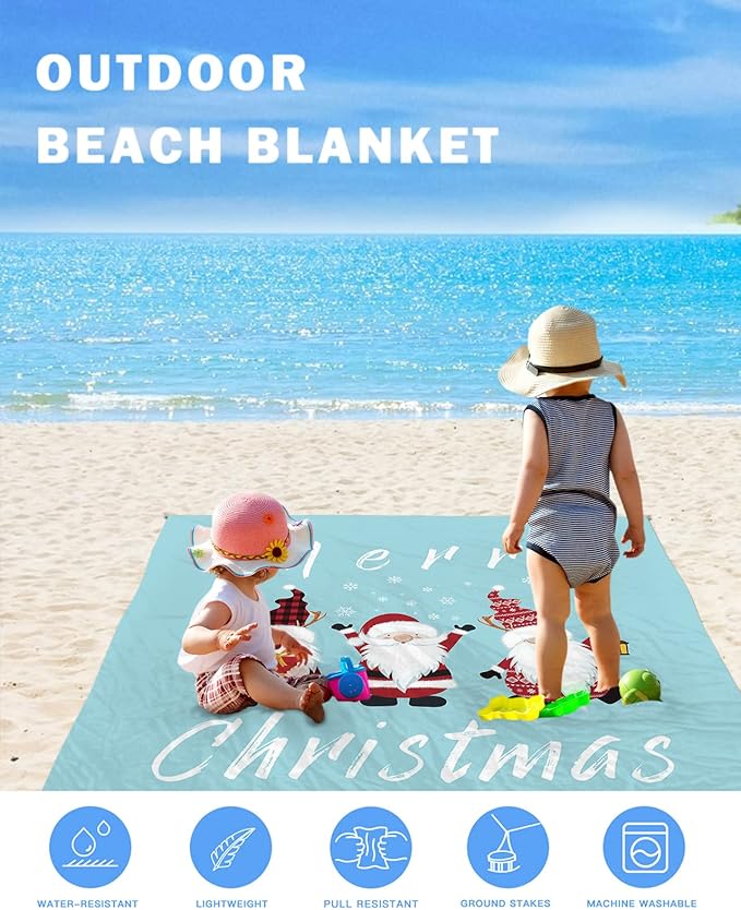 Beach Blanket Waterproof Sandproof OversizedMerry Christmas Cute Winter Gnomes Beach Mat with Corner Stakes Sand PocketsRed Plaid Snowflake Hat Outdoor Picnic Mat for Travel Camping Hiking 95x80In