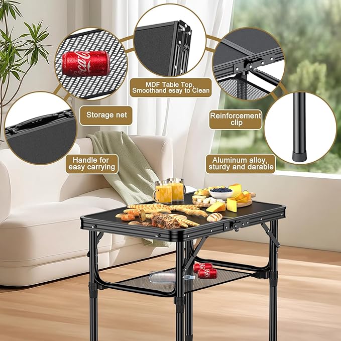 Folding Camping Table 2 FT Folding Portable Camping Table Outdoor&ampIndoor Picnic Table with 3 Adjustable Height Max 27.1Lightweight Aluminum Camping Tables Car Camping Essentials-Pure Black