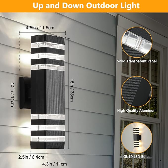 tewei Up and Down Outdoor Lights Exterior Wall Light Fixture 3-Layer Black Modern Outdoor Lights for House IP65 Waterproof Aluminum Exterior Wall Sconce for Porch Garage Warm White 3000K 2 Pack