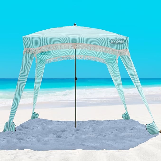 OutdoorMaster Beach Cabana with Fringes Portable 6' x 6' Beach Canopy for Sand Easy Set Up Beach Shelter Included Side Wall UPF 50+ UV Protection Sun Umbrella - for Family &amp Friends