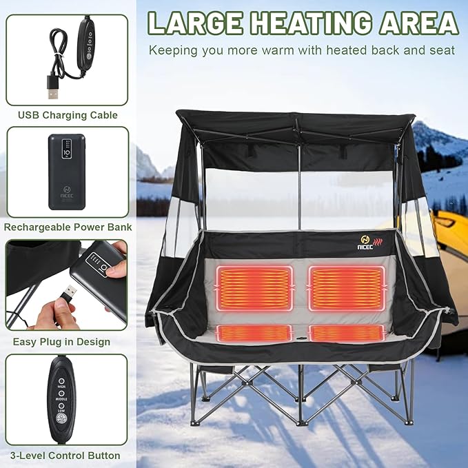 Nice C Heated Double Camping Chair with Canopy Heated Outdoor Sports Folding Chair with Battery Portable Padded Umbrella Chairs with Shade Cup Holder Cooler Bag Loveseat for Lawn Outdoors