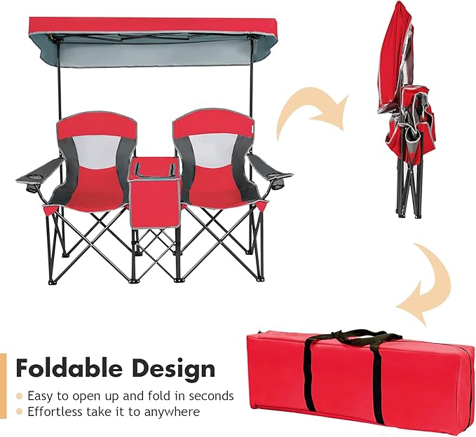 DORTALA Double Camping Chair with Canopy 2 Person Folding Beach Chair with Canopy Shade Table Beverage Holder and Storage Bag Double Rocker Chair Outdoor for Camping Beach Picnic Red