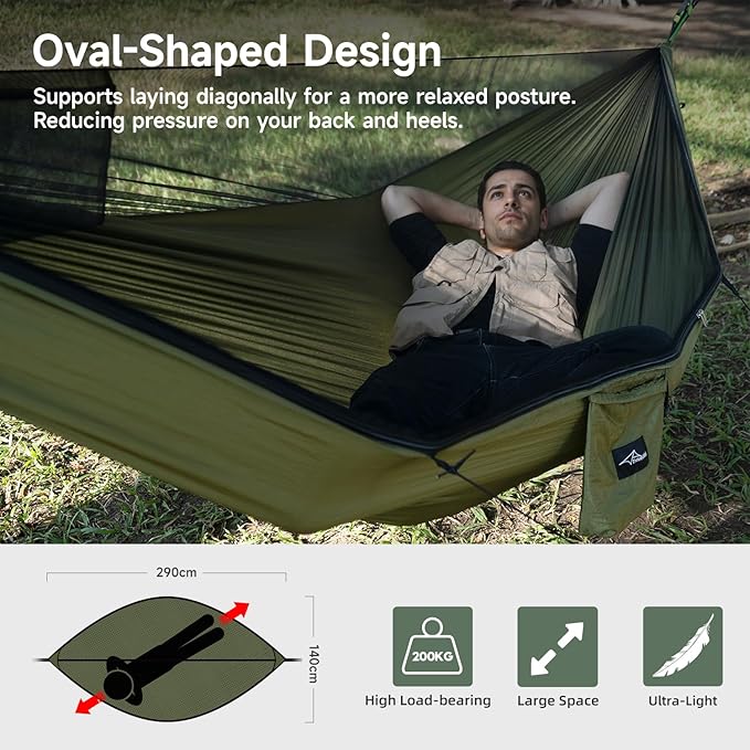 Camping Hammock with Mosquito Net and Ridge Rope Extra Large for 2 Person Lightweight Hanging Hammocks Tree Straps All-in-one Fast Open Hammock for Outside Hiking and Travel