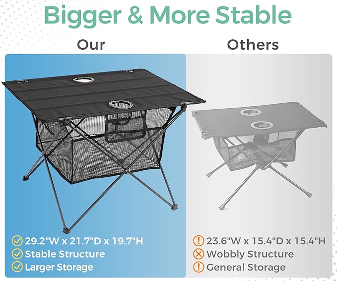 Lightweight Camping Table - Portable Folding Beach Side Table w/2 Cup Holders &amp Large Storage Basket Compact Fold for Tailgate Travel Outdoor Fishing Picnic | 29.2 W x 21.7 D (Black)