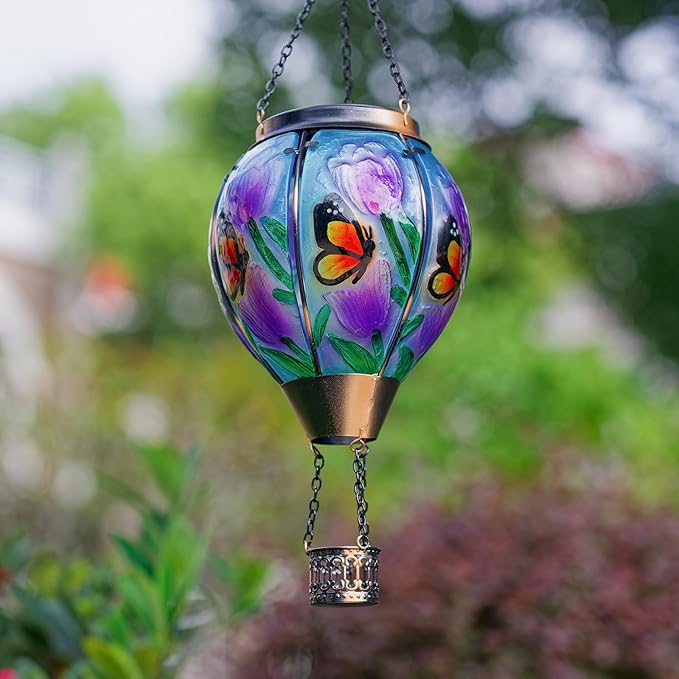Butterfly Flower Solar Hot Air Balloon Lantern with Flame Glass Balloon Lantern Outdoor Waterproof Lights Hanging Solar Lights for Outside Garden Patio Porch Tree Yard Gift for Mom
