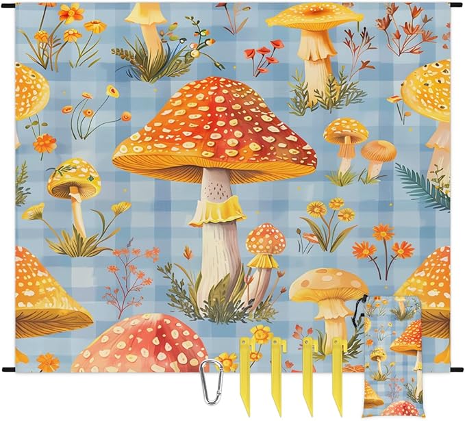 Waterproof Sandproof Beach Blanket 59''×68'' Plants Mushrooms Polyester Outdoor Picnic Blanket with 4 Stakes &amp Storage Bag for BeachCampingVacation Orange