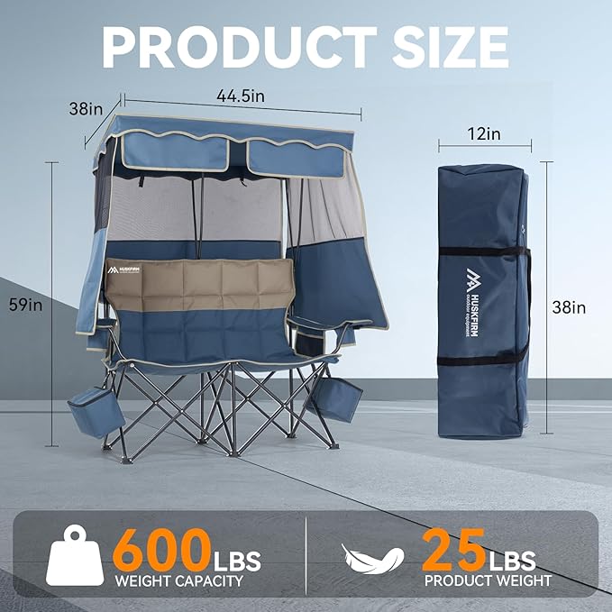 Double Beach Chair With Canopy Shade Camping Chair With Canopy Oversized Double Camping Chair With Canopy Folding Loveseat Chair With Two Cup Holders and Cooler Bag For CampingBeach Fishing