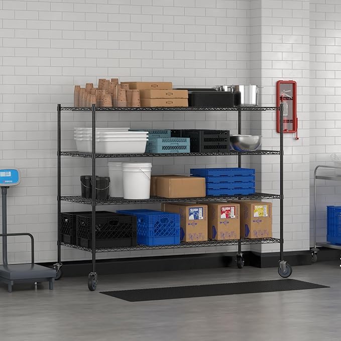 Commercial NSF Listed Black Epoxy Mobile Wire Shelving Kit 30 x 72 x 60 with 4 Shelves Perfect for Warehouse Walk-in Refrigerator Freezer Grocery Store Restaurant Dishroom
