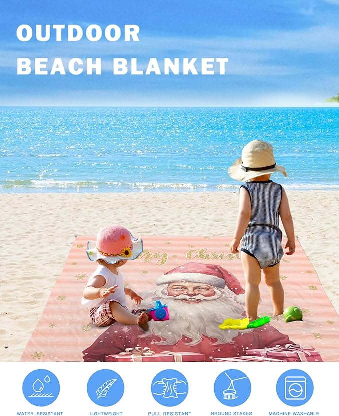 Beach Blanket Waterproof Sandproof Merry Christmas Pink Santa Claus Gift Quick Drying Beach Mat with 4 Stakes Gold Snowflake Gradient Stripe Lightweight Picnic Blanket for Travel Camping 108x84