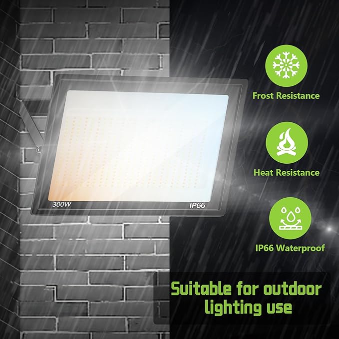 300W LED FloodLights 36000LM Dimmable 3 Colors Selectable (3000K 4500K 6000K) IP66 Waterproof Outdoor Security Flood Light for Garden Stadium Field (2 Pack)