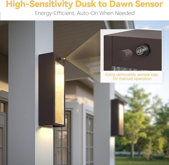 Dusk to Dawn LED Outdoor Wall Light 2 Pack Bronze 15in Exterior Waterproof Porch Sconces Large Modern Water Rippleed Outdoor Lighting Wall Mounted Outside Lantern for Garage Front Door