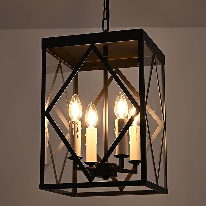 Exterior Hanging Lantern Porch Pendant Lights with Clear Glass Oil Rubbed Brozne Outdoor Pendant Light Adjustable Outside Chandelier Ceiling Mount or Front Porch Entrance Patio Foyer 4 Light
